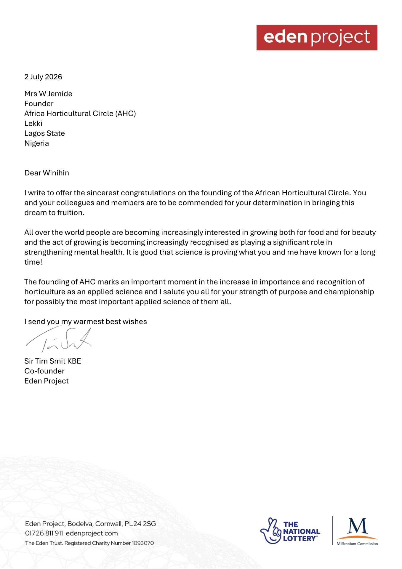 Official letter of recognition from Sir Tim Smit, Co-Founder of the Eden Project